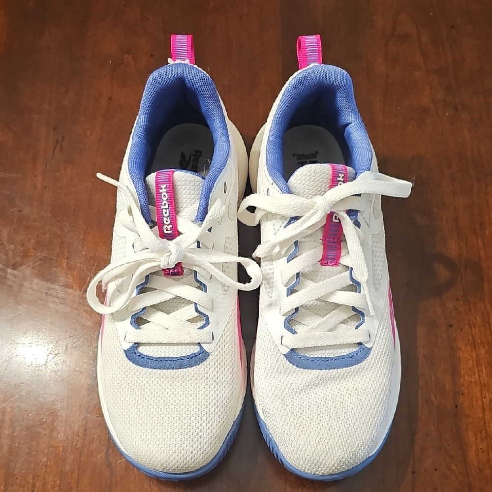 Reebok Women"s White Sneakers with Blue and Pink Accents